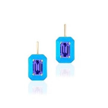 Tanzanite Emerald Cut Earrings With Turquoise Enamel