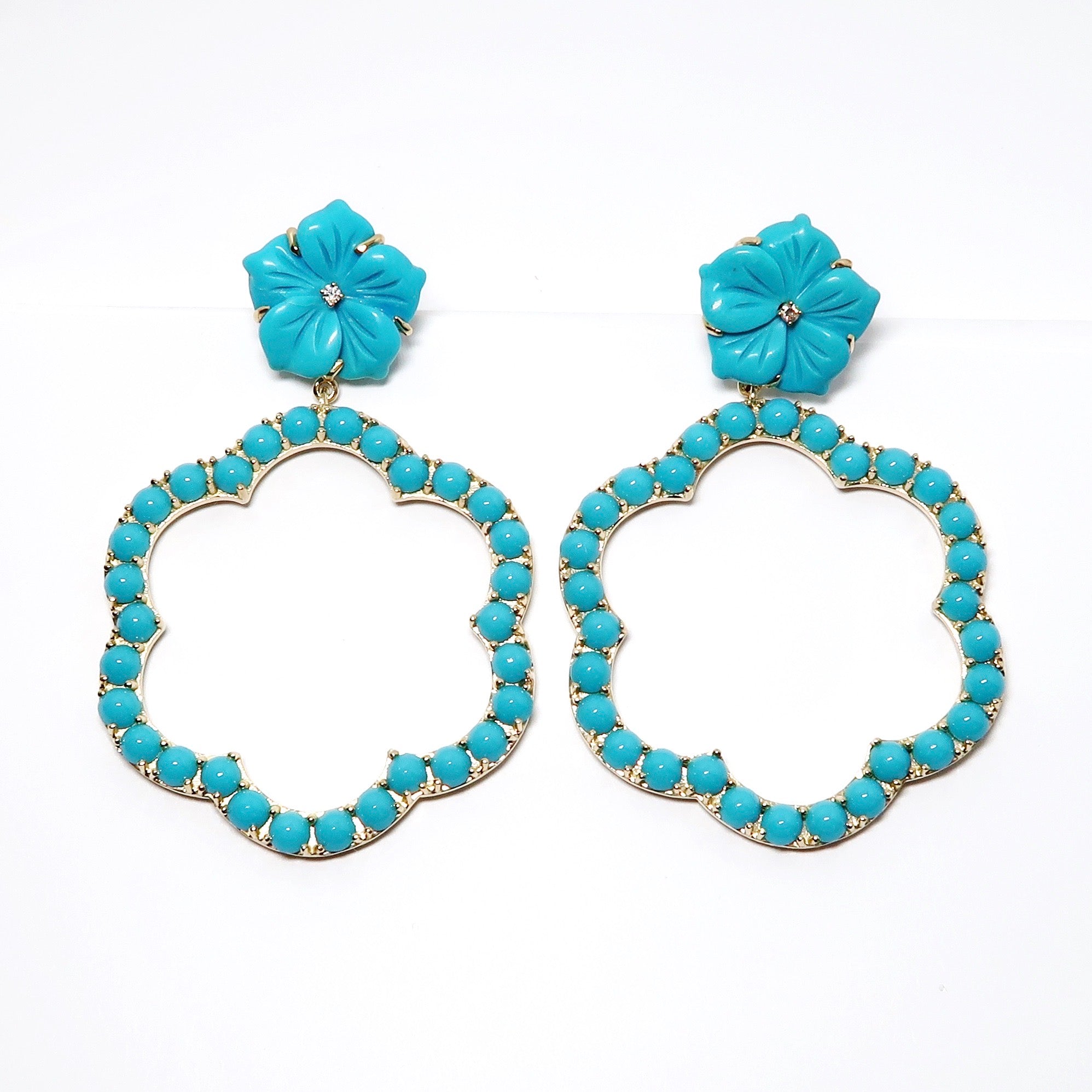 Turquoise Flower and Open Motif Earrings wIth Diamonds