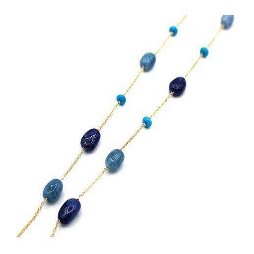 Blue Aquamarine, Tanzanite Tumble and Turqoise Bead Chain Necklace 