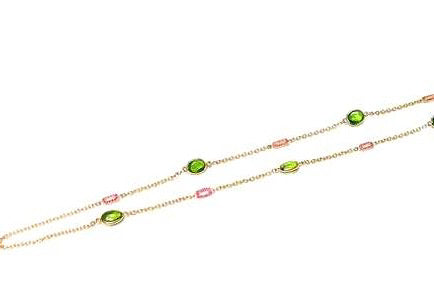 Peridot Cabochon with Bezels and Pink Sapphire Pave Links Necklace