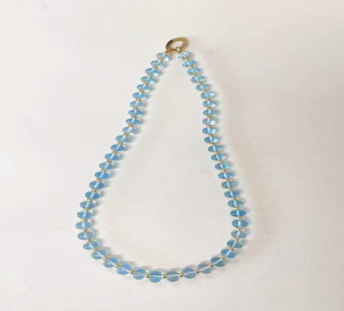 Blue Topaz Round Bead Necklace, 18K Yellow Gold