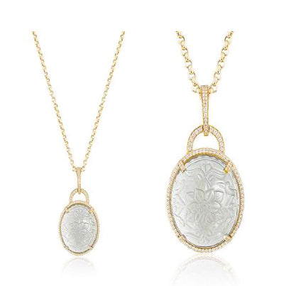 Oval Rock Crystal Carved Pendant with Diamonds