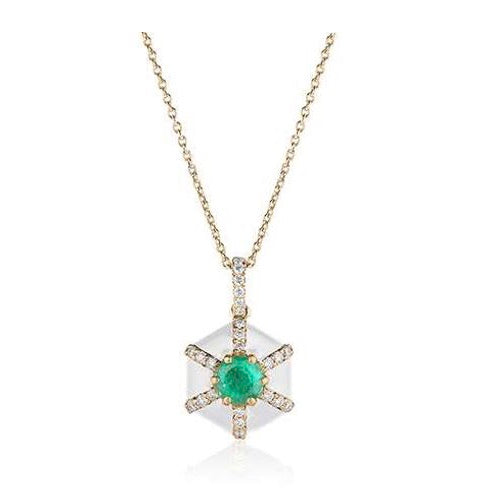 Hexagon Emerald Pendant With Diamonds And White Enamel