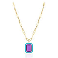 Flat Amethyst Emerald Cut Pendant With Turquoise Enamel