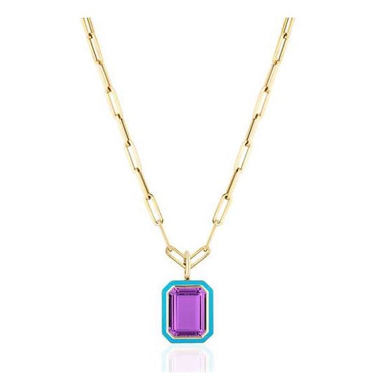 Flat Amethyst Emerald Cut Pendant With Turquoise Enamel
