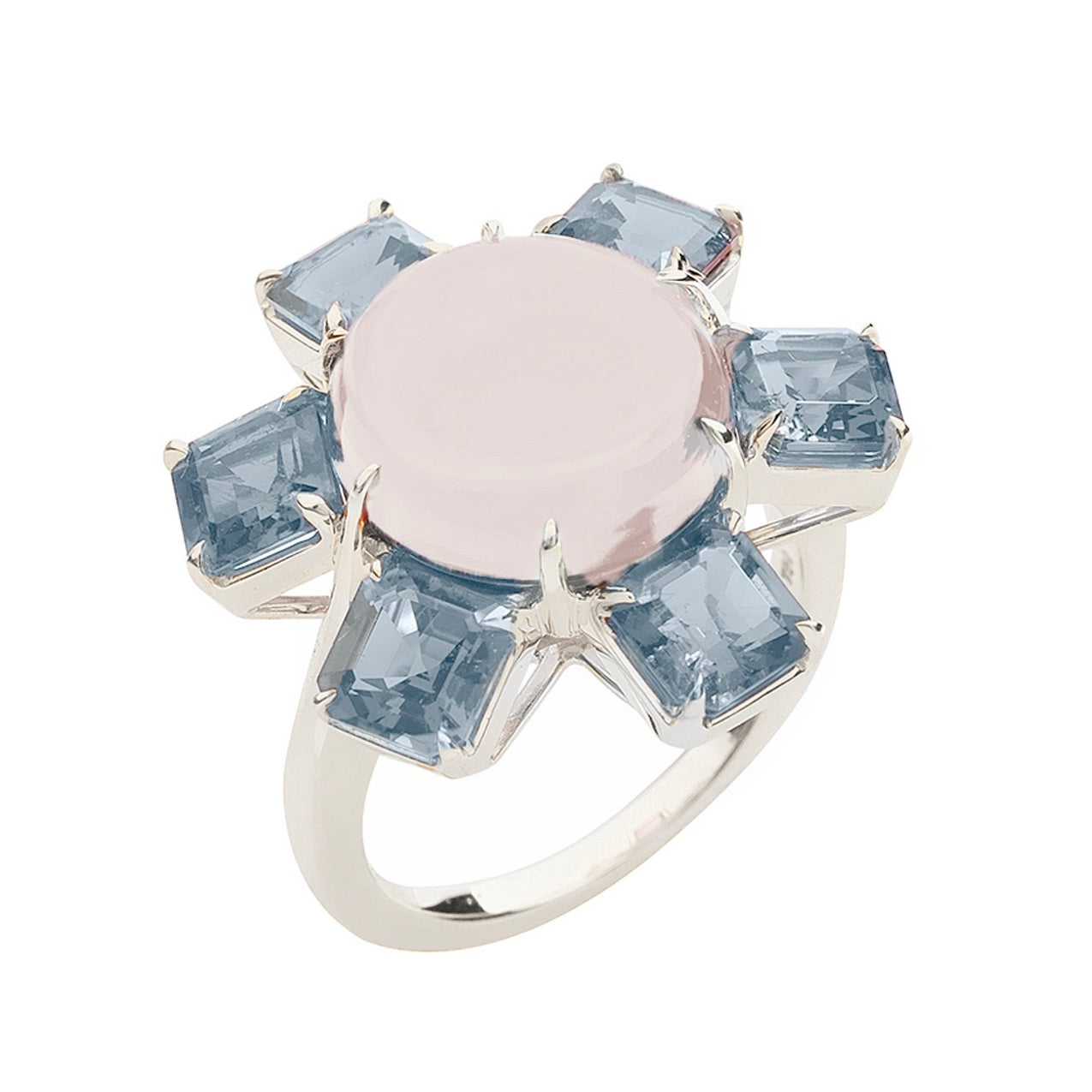 Moon Quartz Oval Cab with Blue Topaz Asher Cut Ring
