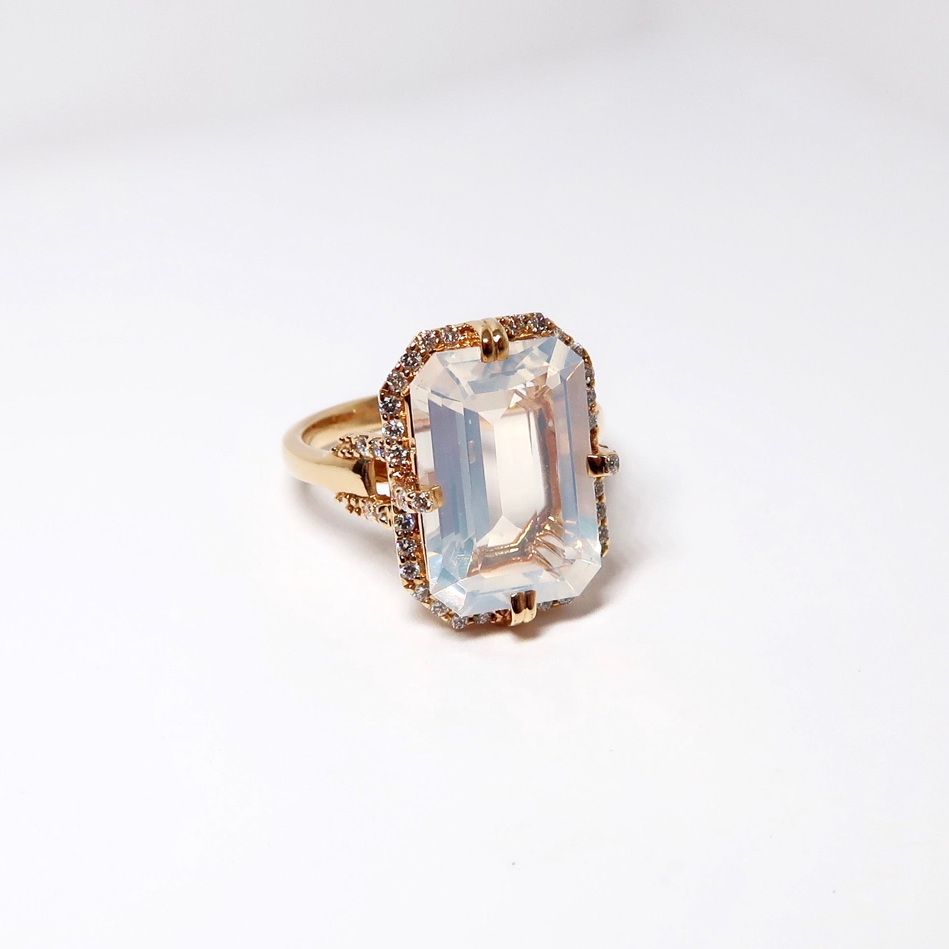 Moon Quartz Emerald Cut Ring w/ Diamonds