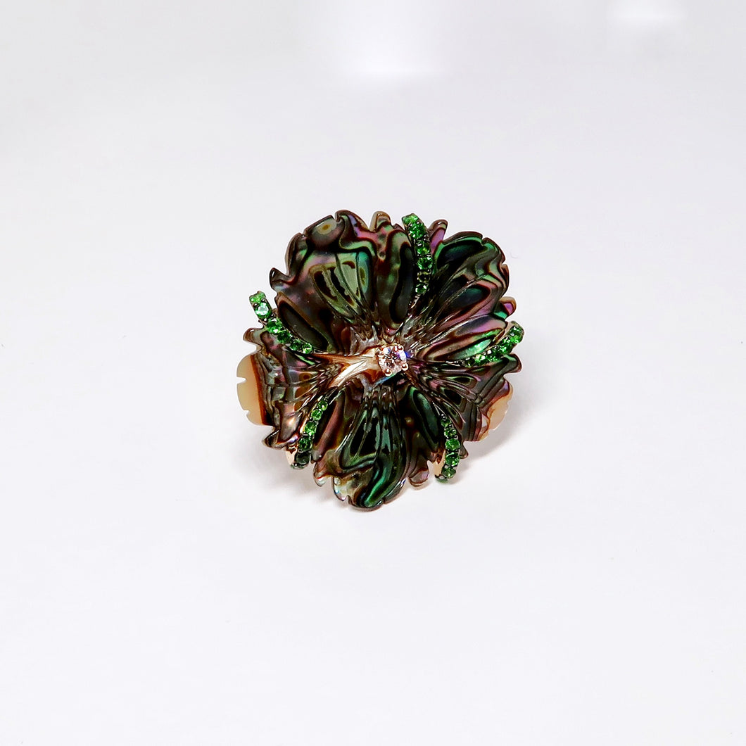 Mother of Pearl Carved Abalone Flower with Tsavorite Ring