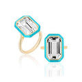 Rock Crystal Emerald Cut Ring With Turquoise Enamel
