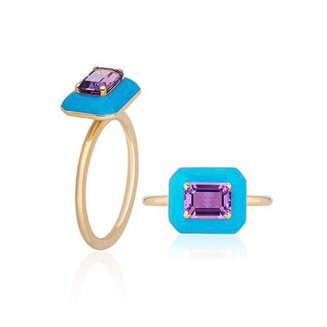 Amethyst Emerald Cut East West Ring With Turquoise Enamel