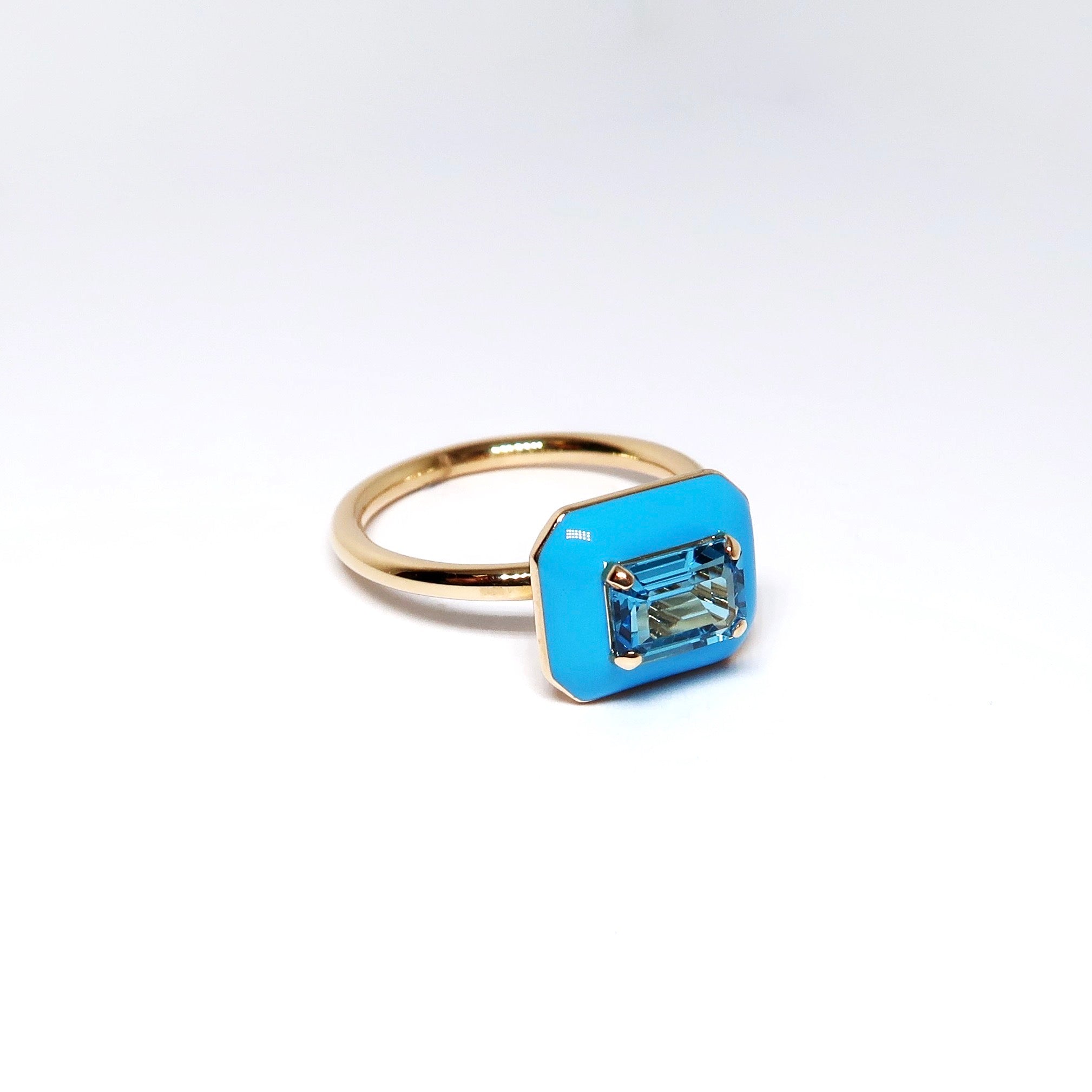 Blue Topaz Emerald Cut East West Ring With Turquoise Enamel