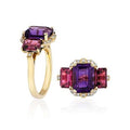 3 Stone Amethyst And Garnet Emerald Cut Ring With Diamonds