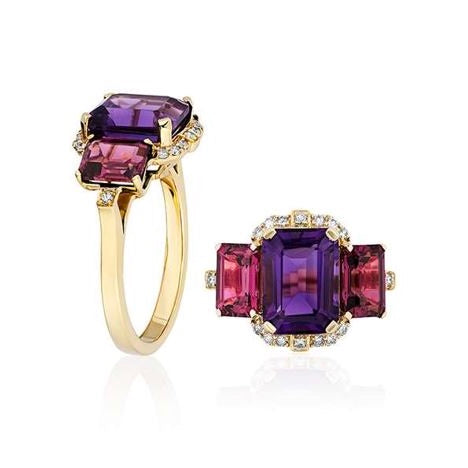 3 Stone Amethyst And Garnet Emerald Cut Ring With Diamonds