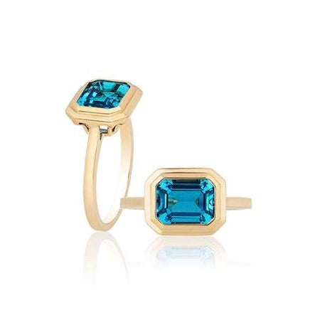 London Blue Topaz Emerald Cut Bezel Set Ring