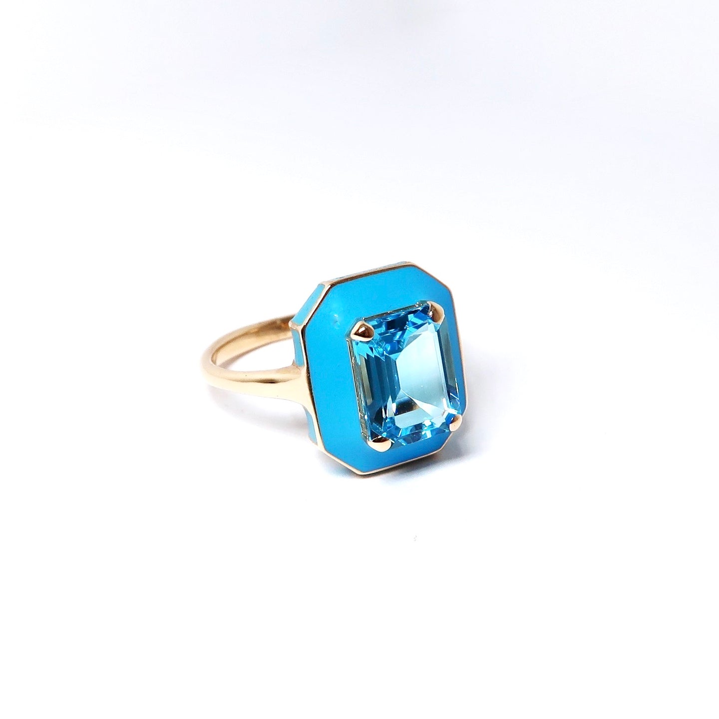 Blue Topaz Emerald Cut Ring w/ Turquoise Enamel