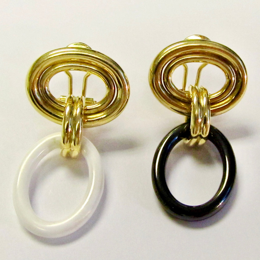18K Yellow Gold Black and White Drop Earrings