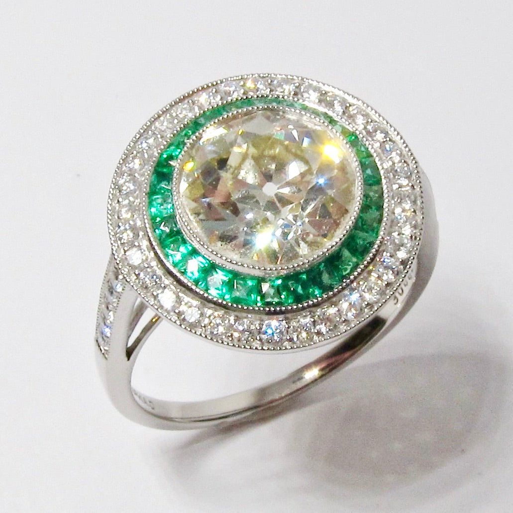 Round Diamond Ring with Emerald & Diamond Halo