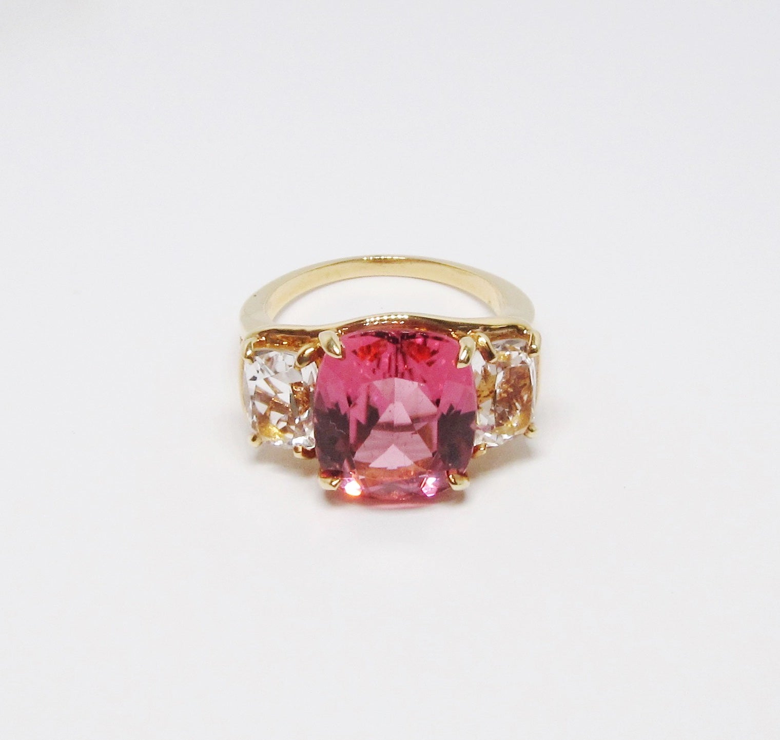18k Yellow Gold Pink Tourmaline and Crystal Ring