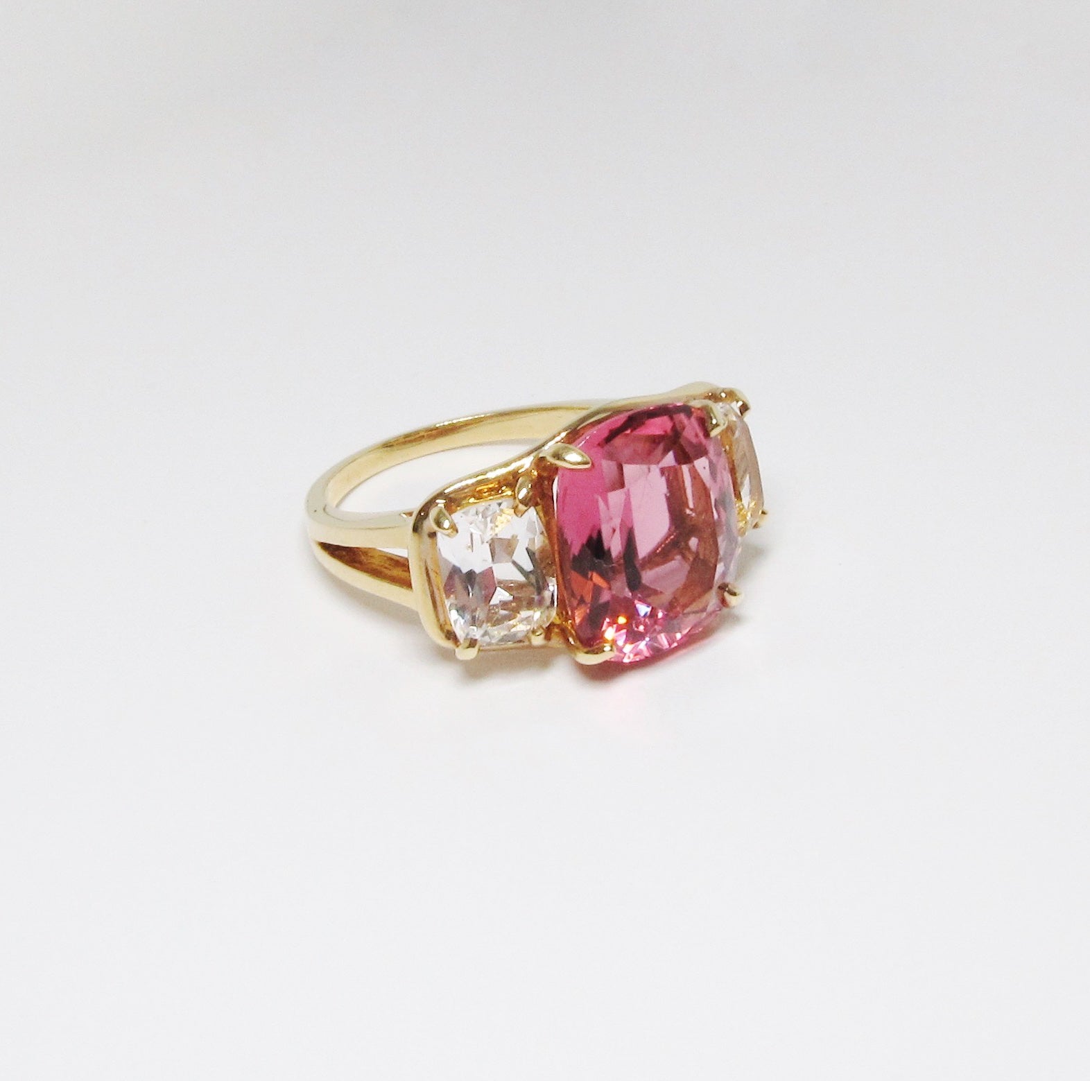 18k Yellow Gold Pink Tourmaline and Crystal Ring