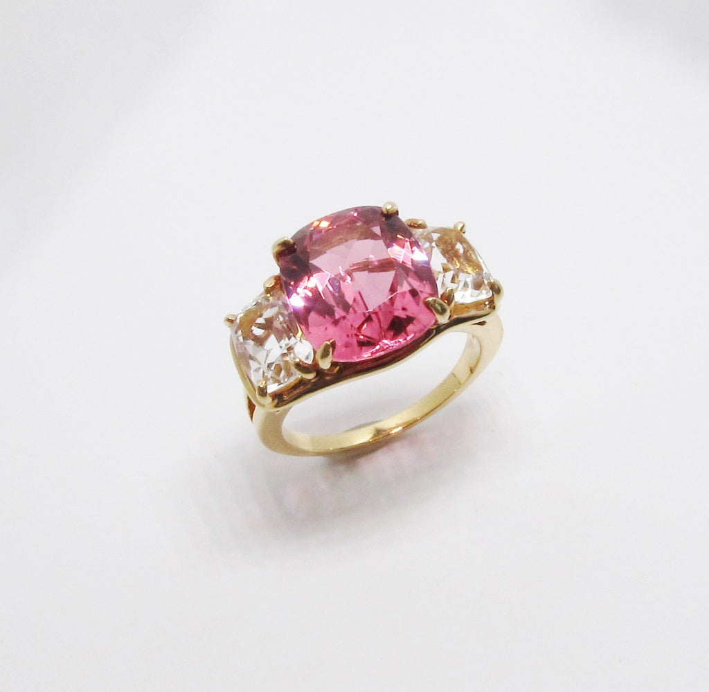 18k Yellow Gold Pink Tourmaline and Crystal Ring