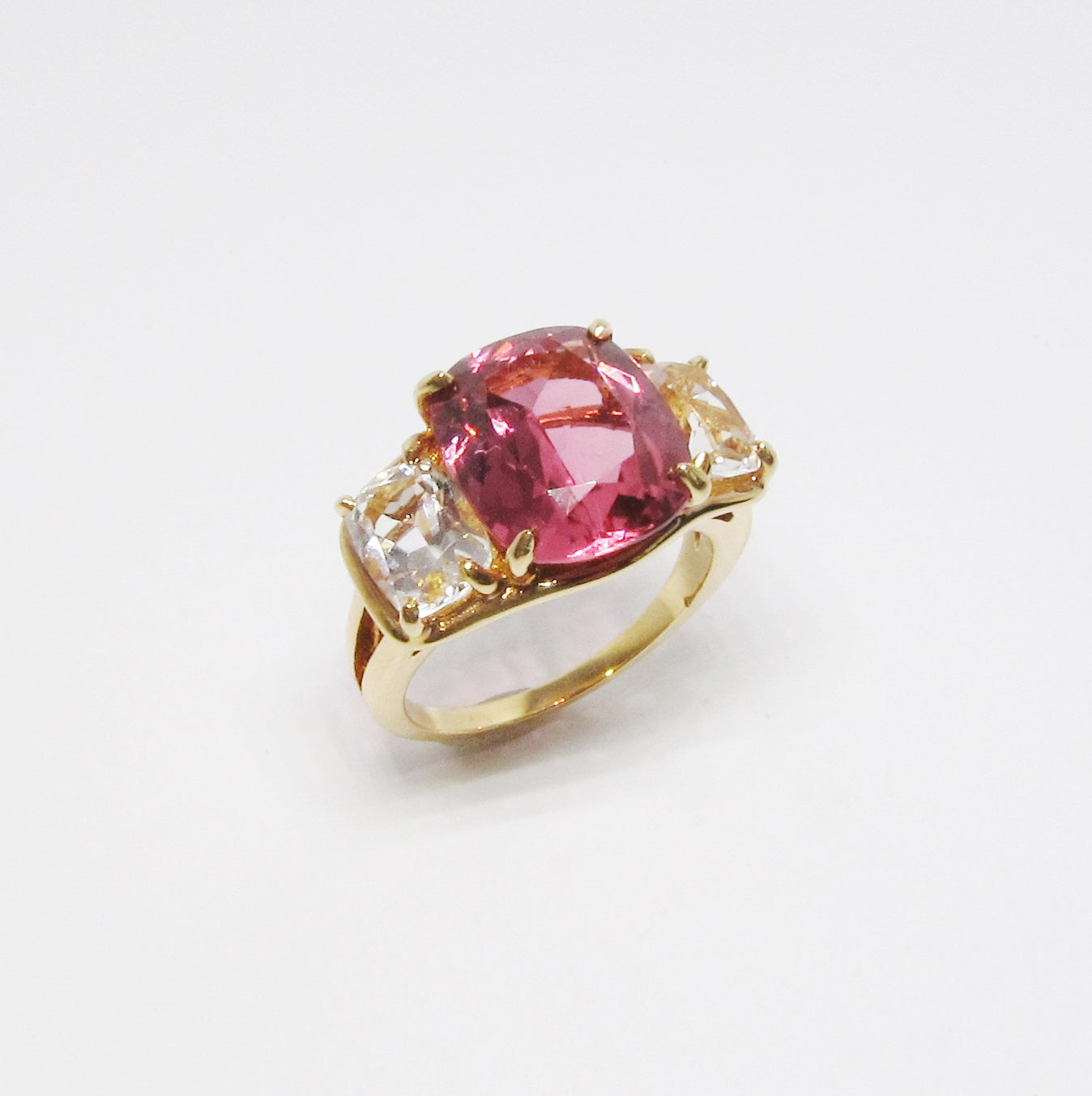 18k Yellow Gold Pink Tourmaline and Crystal Ring