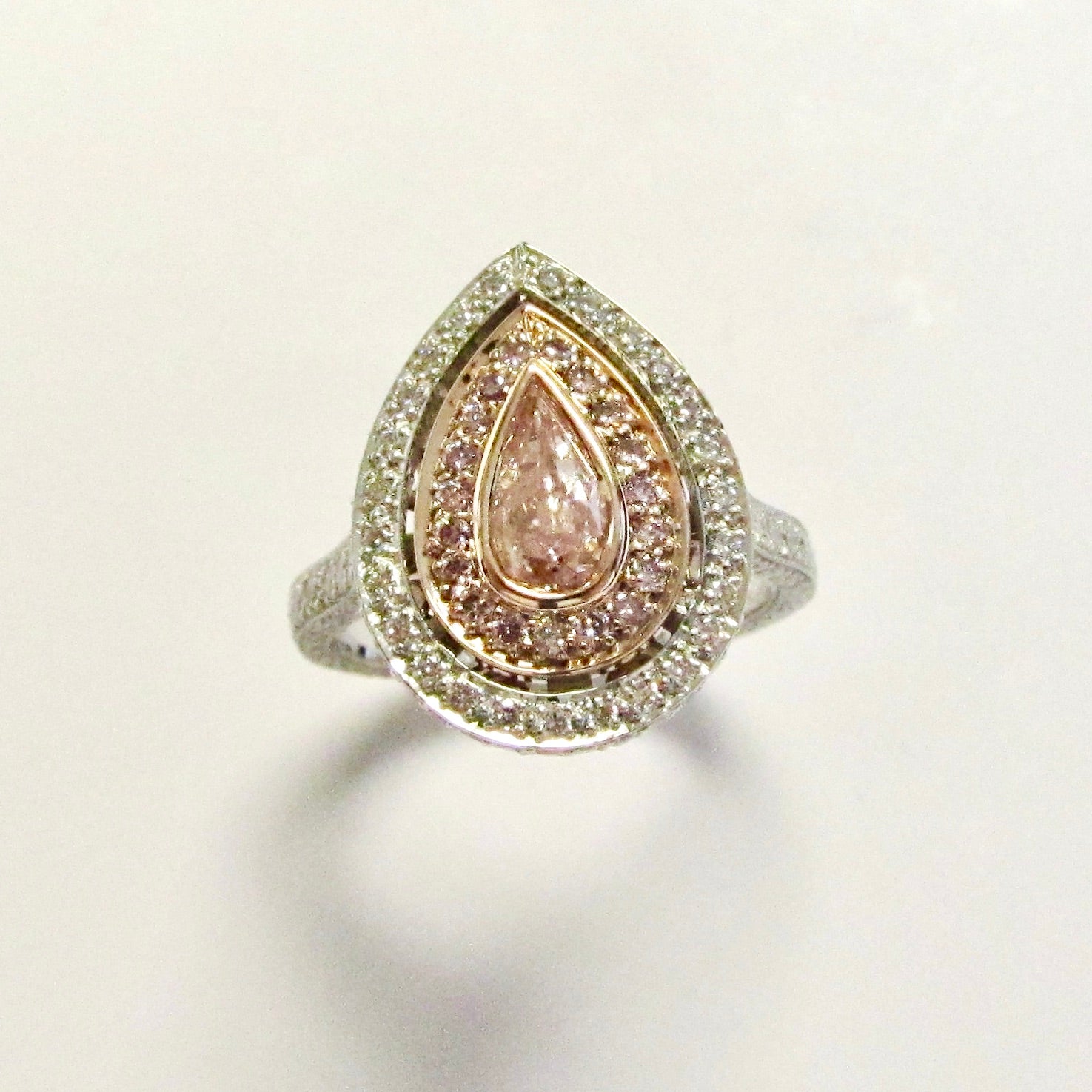 Platinum & 18k Rose Gold Pink Diamond Pear Shaped Ring