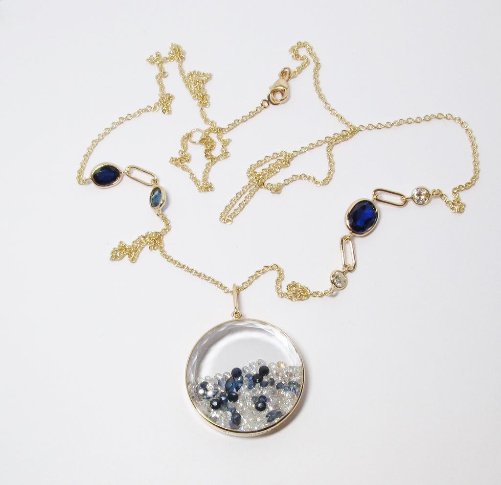 18k Yellow Gold, Sapphire, and Diamond Enclosed Pendant Shaker