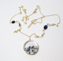 Load image into Gallery viewer, 18k Yellow Gold, Sapphire, and Diamond Enclosed Pendant Shaker
