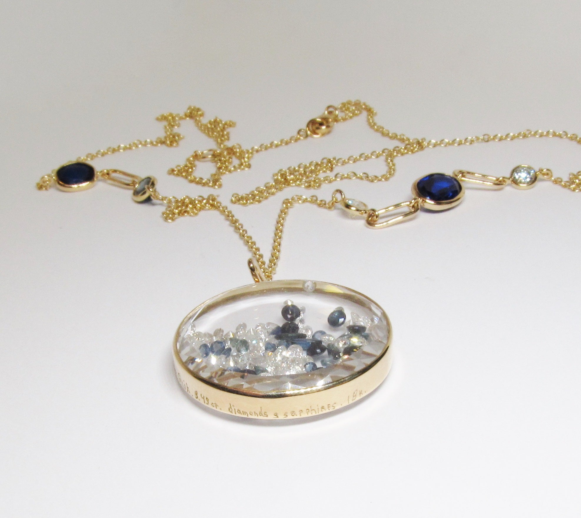 18k Yellow Gold, Sapphire, and Diamond Enclosed Pendant Shaker