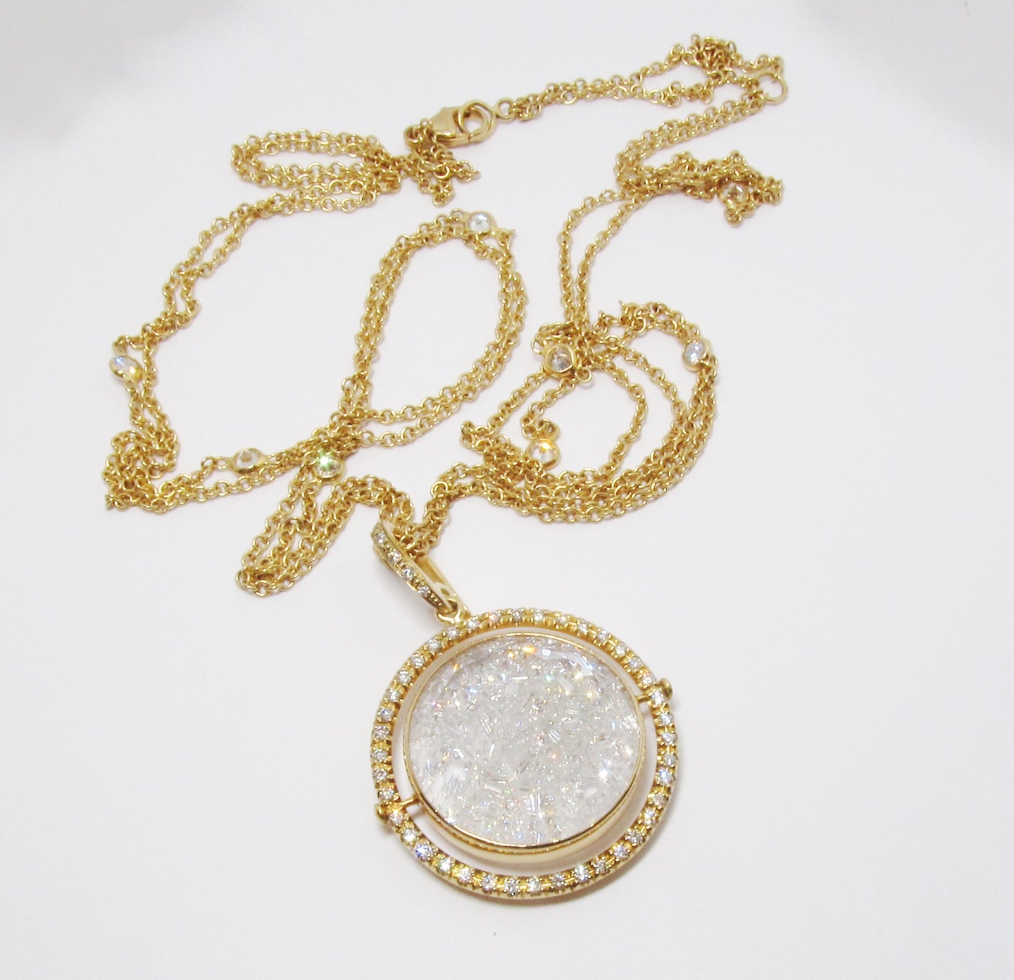 Pendant Necklace in Double White Sapphire Frame, Movable Pave Halo