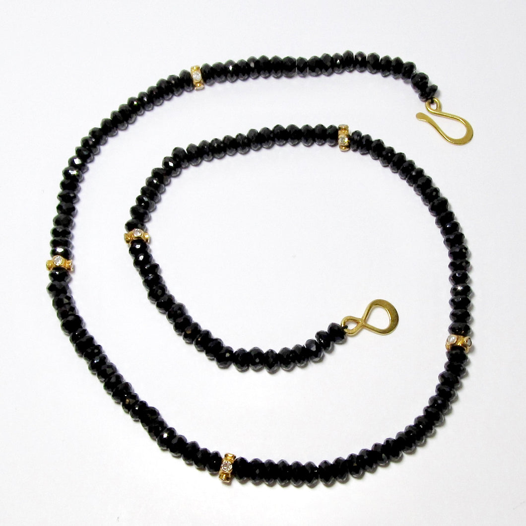 Black Spinell + 20k Yellow Gold Rondells w/ Diamond Necklace