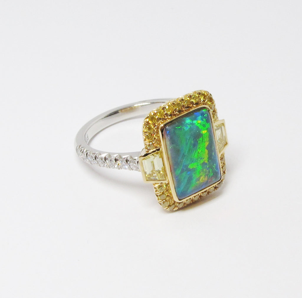 Opal & Intense Fancy-Yellow Diamond Ring
