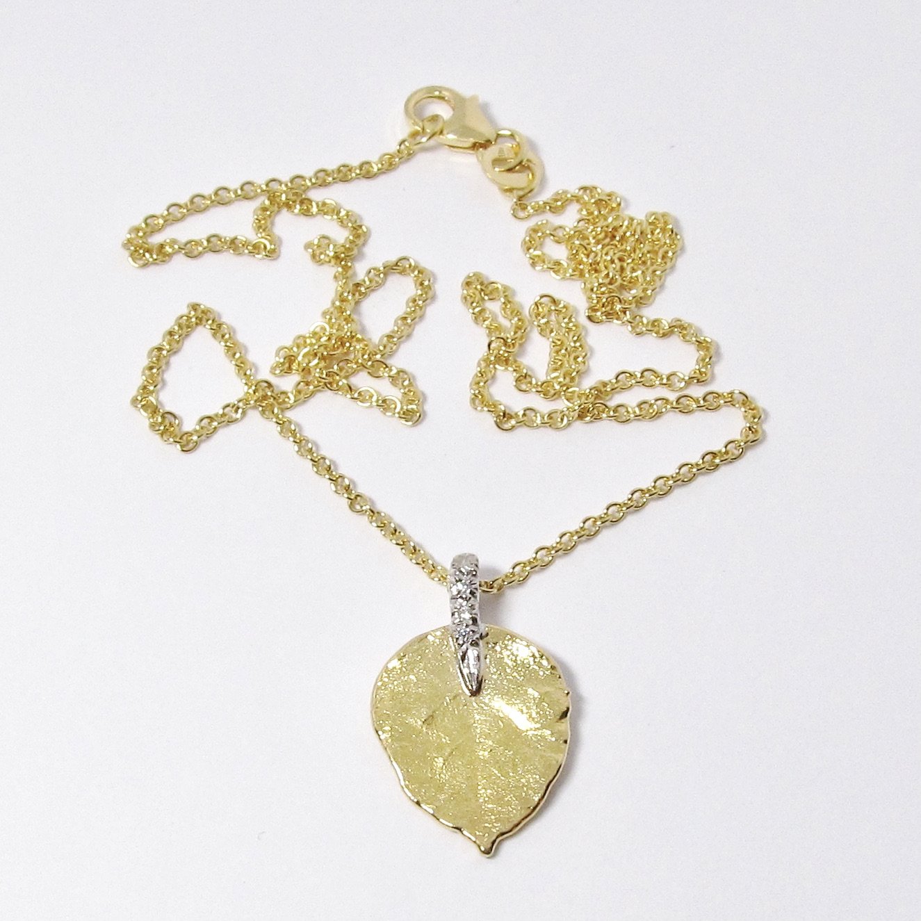Small Leaf Pendant, 19k Yellow Gold & Platinum, Diamond Necklace