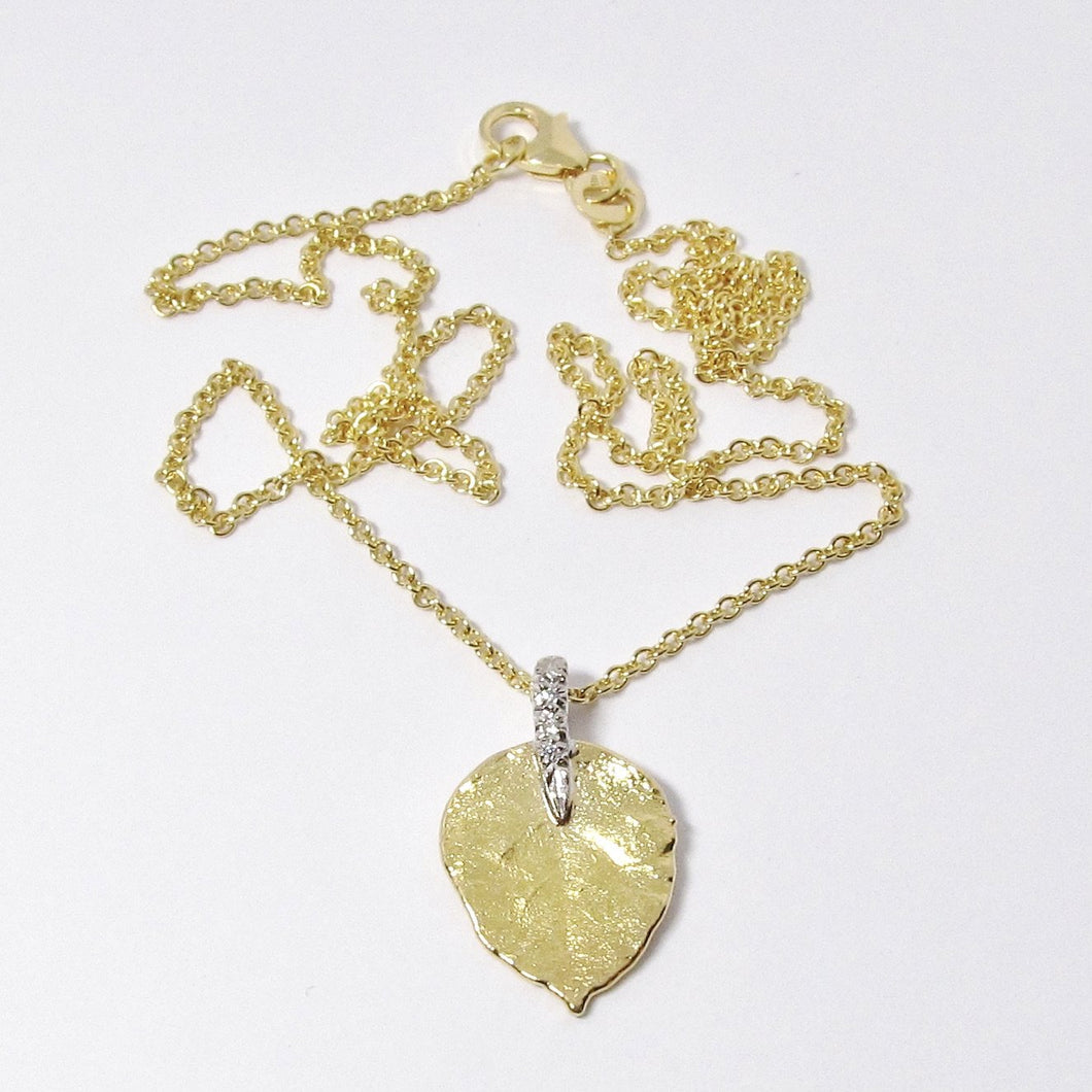 Small Leaf Pendant, 19k Yellow Gold & Platinum, Diamond Necklace