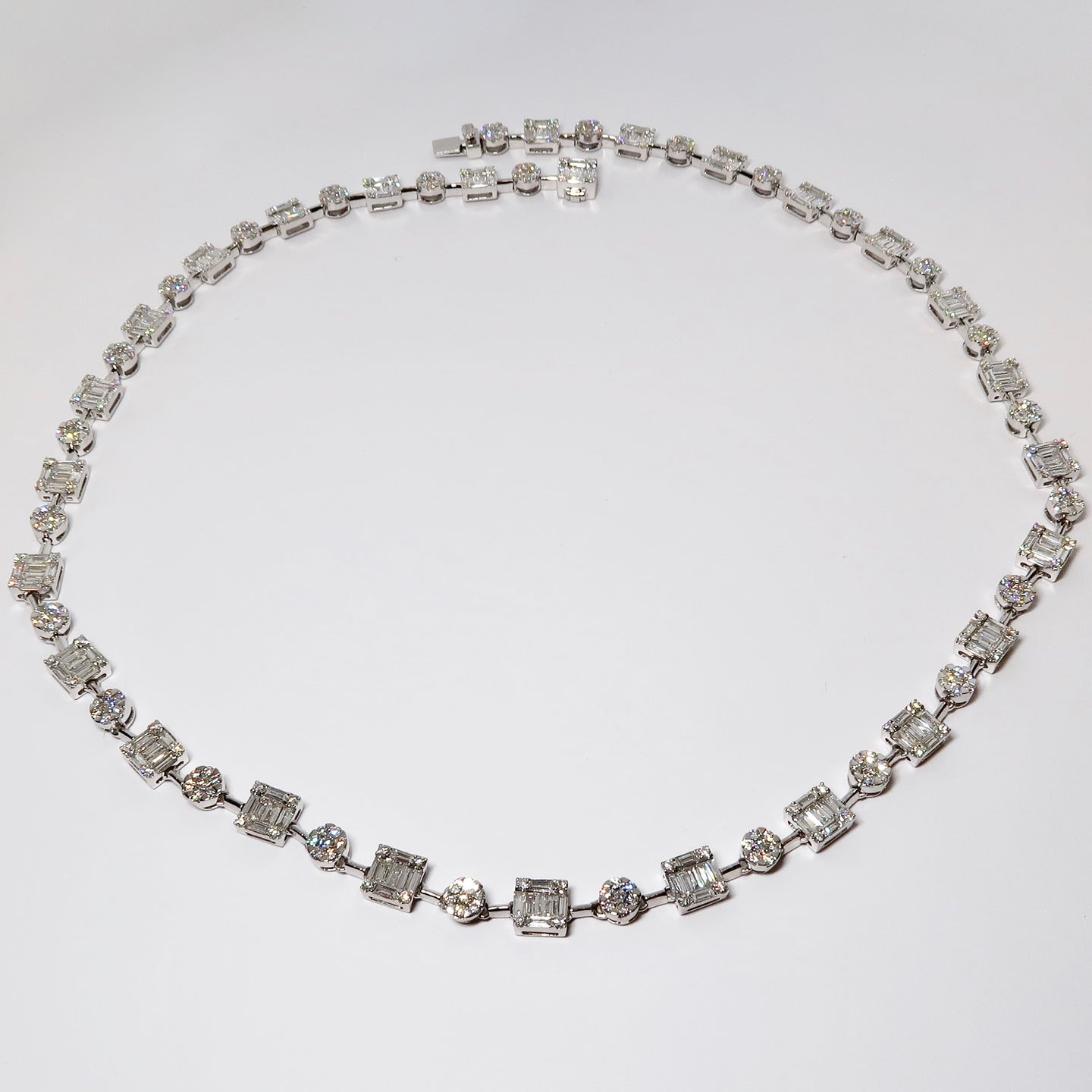 Fancy Diamond Necklace, Round White and Baguette White Diamonds