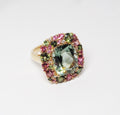 18k Pink Gold Green Amethyst Ring, w/ Pink & Green Tourmaline, & Diamonds