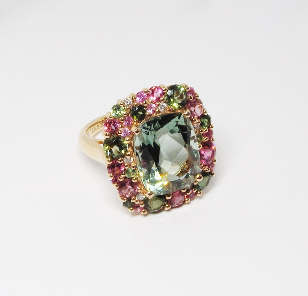18k Pink Gold Green Amethyst Ring, w/ Pink & Green Tourmaline, & Diamonds