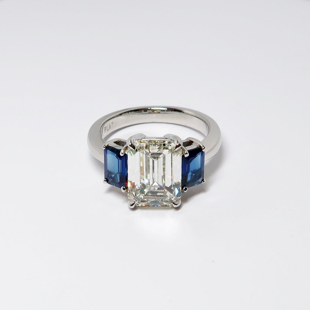 Emerald Cut Diamond & Sapphire 3-Stone Ring