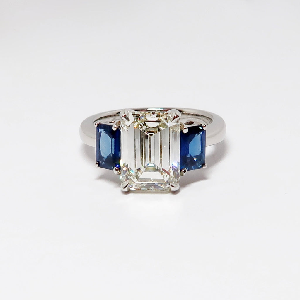 Emerald Cut Diamond & Sapphire 3-Stone Ring