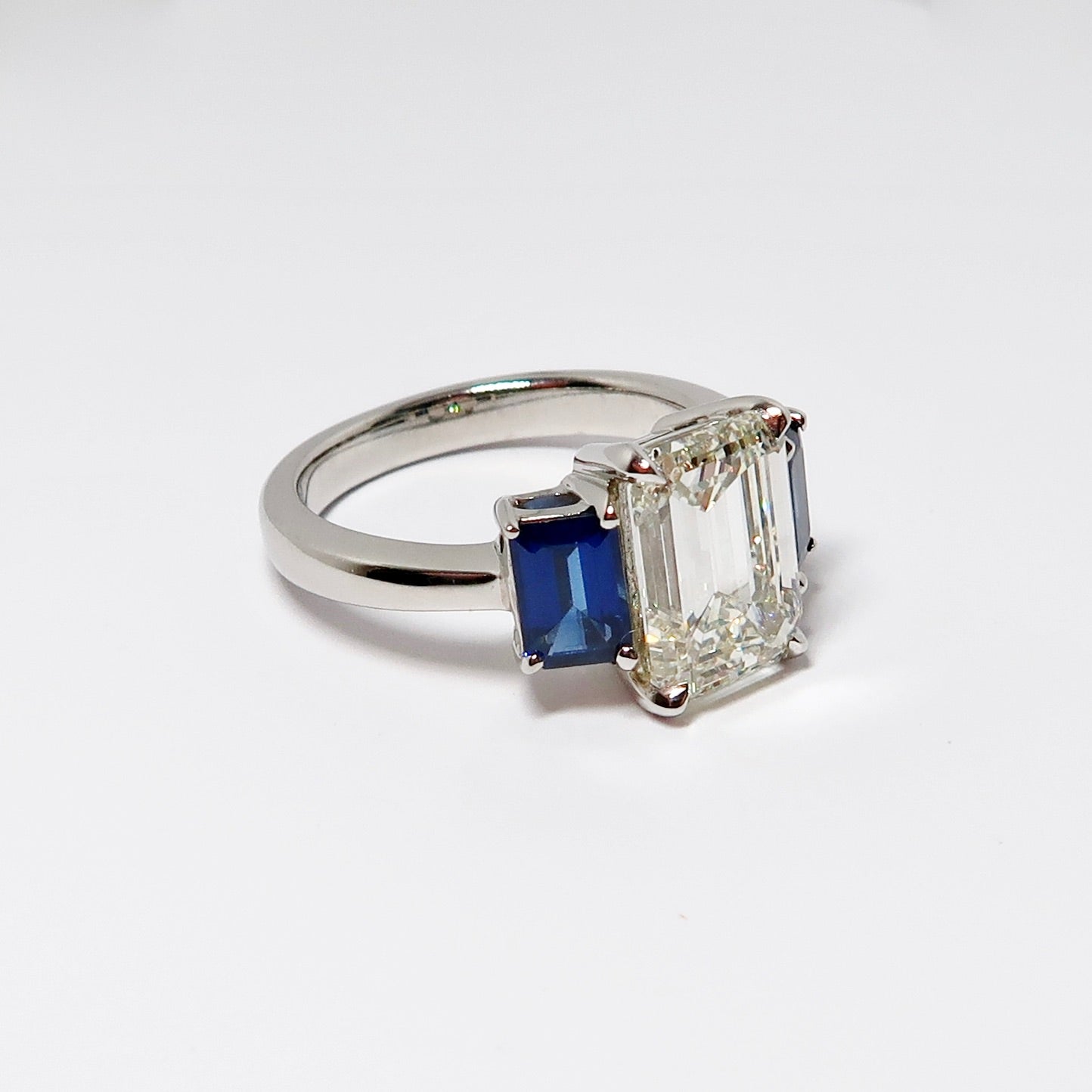 Emerald Cut Diamond & Sapphire 3-Stone Ring