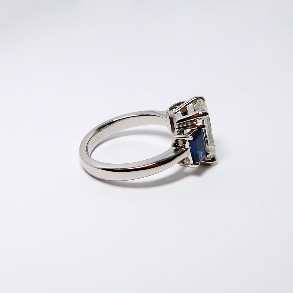 Emerald Cut Diamond & Sapphire 3-Stone Ring