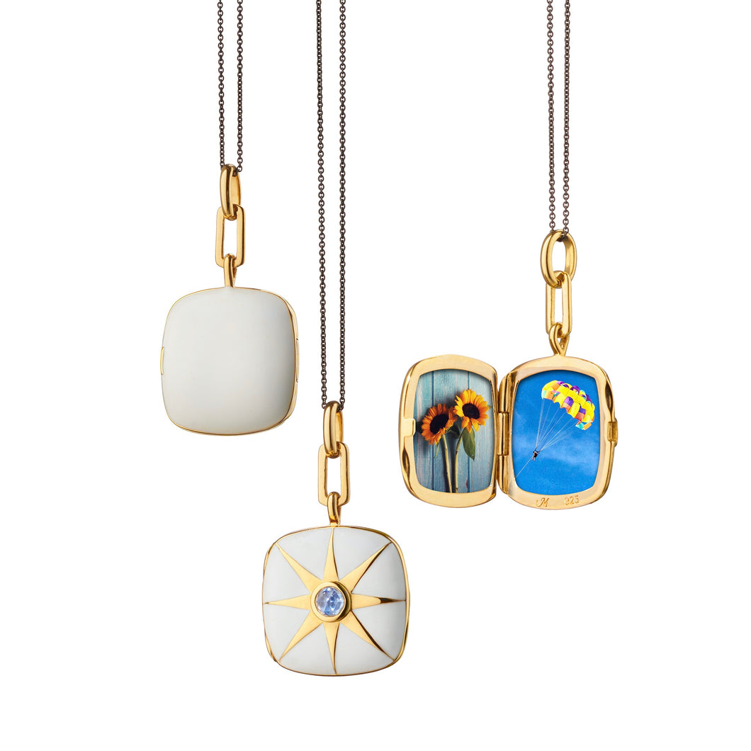Sterling Silver and  Yellow Gold Vermeil with White Enamel Cushion Locket
